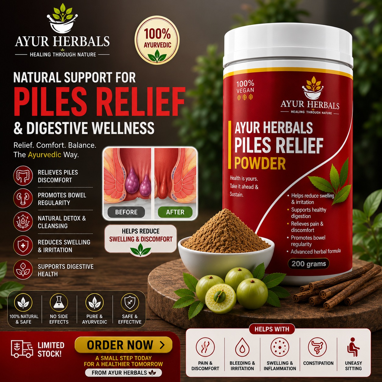 AYUR HERBALS PILES RELIEF POWDER 200GM