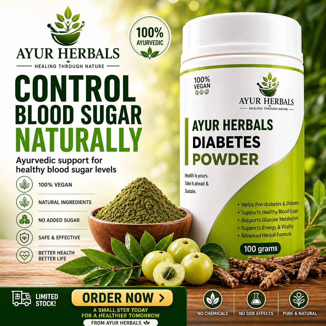 Ayur Herbals DIABETES BLOOD SUGAR POWDER 250gm- 60DAYS CHALLENGE